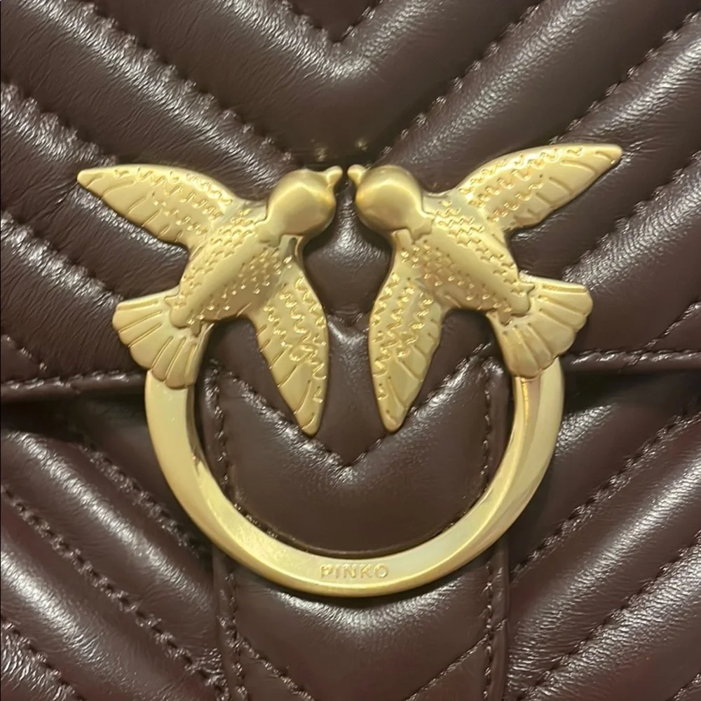 Pinko Quilted Chevron Brown and Gold Shoulder Bag - Picture 2 of 6